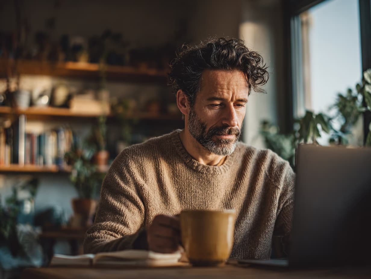 Dirigeant de TPE au travail sur son ordinateur depuis son bureau à domicile